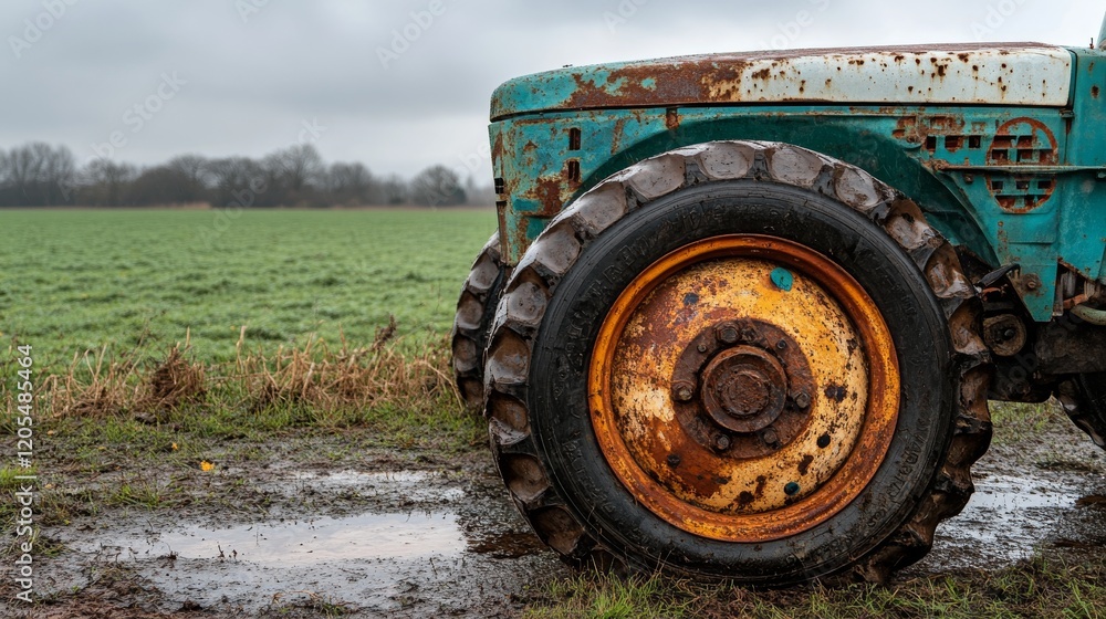 Close-up of a weathered tractor tire with a rusty rim, set against a blurred green field under overcast skies