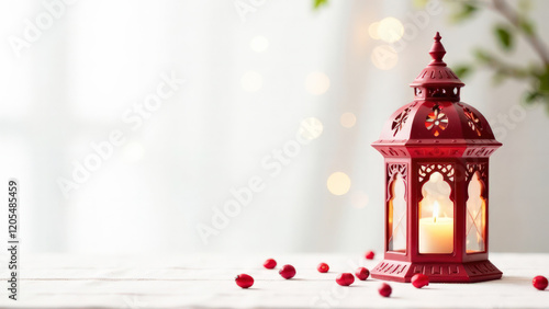 close-up soft focus of a Muslim lantern in warm colors on a blurred white background