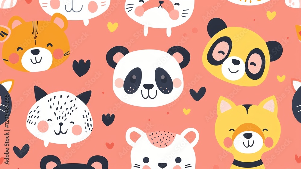 Fototapeta premium A seamless pattern featuring cute cartoon animal faces.