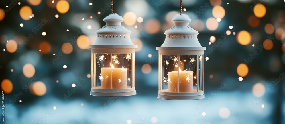 Two White Lanterns With Candles Glow Brightly In Winter Two White Lanterns With Candles Glow Brightly In Winter