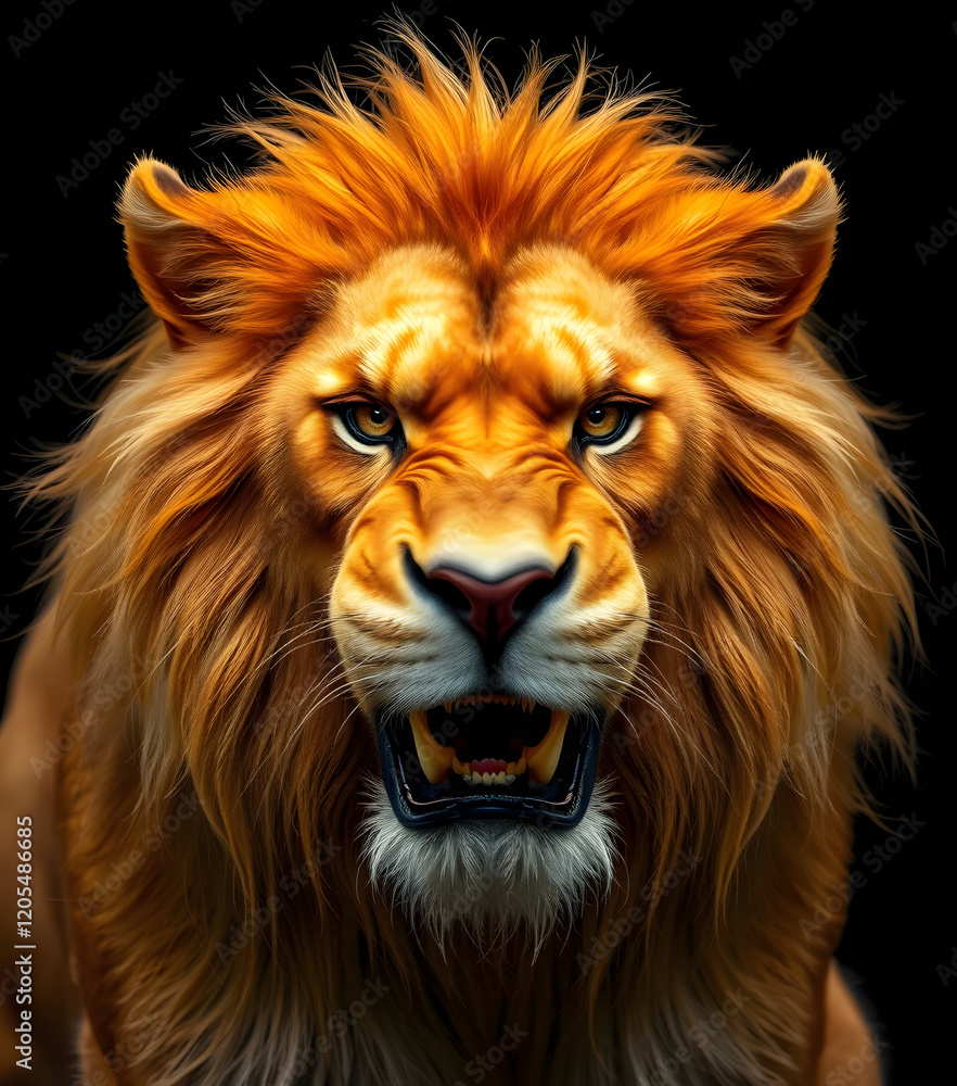 Majestic lion with fierce expression and flowing mane in a powerful wildlife portrait Majestic lion with fierce expression and flowing mane in a powerful wildlife portrait