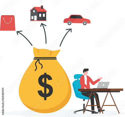 Male person with laptop saving money for holiday, house or car. Island, house and automobile above giant piggybank flat vector illustration.
