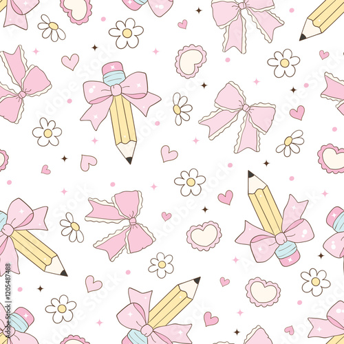 Cute School, Coquette Pencil Seamless Pattern