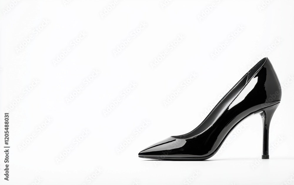 black high-heeled shoe with a pointed toe and glossy finish on a clean white background