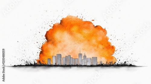 Urban City Skyline with Artistic Explosion in Orange Tones and Watercolor Style photo