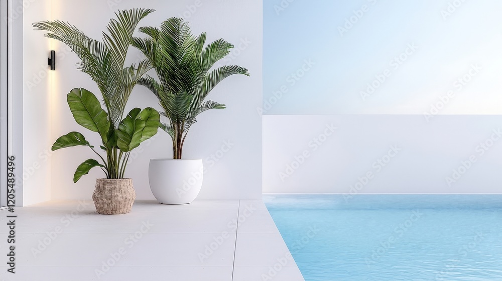 Fototapeta premium Modern Minimalist Patio with Potted Plants and Tranquil Swimming Pool Under Clear Blue Sky