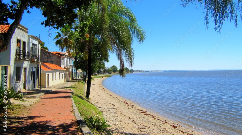 Coastal town promenade, sunny day, river view, travel Coastal town promenade, sunny day, river view, travel