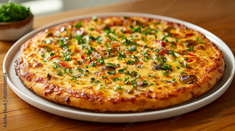 A minimalistic stock photo of a cheesy vegetable pizza topped with herbs and colorful vegetables on a white plate A minimalistic stock photo of a cheesy vegetable pizza topped with herbs and colorful vegetables on a white plate