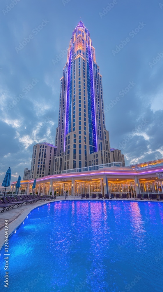 Obraz premium Illuminated Hotel Tower with Adjacent Pool at Dusk