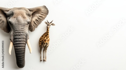 A realistic depiction of an elephant and a giraffe against a minimalist background, showcasing wildlife photo