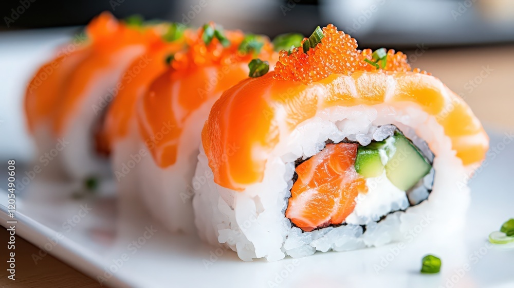 A sushi roll with salmon and cucumber on a white plate A sushi roll with salmon and cucumber on a white plate
