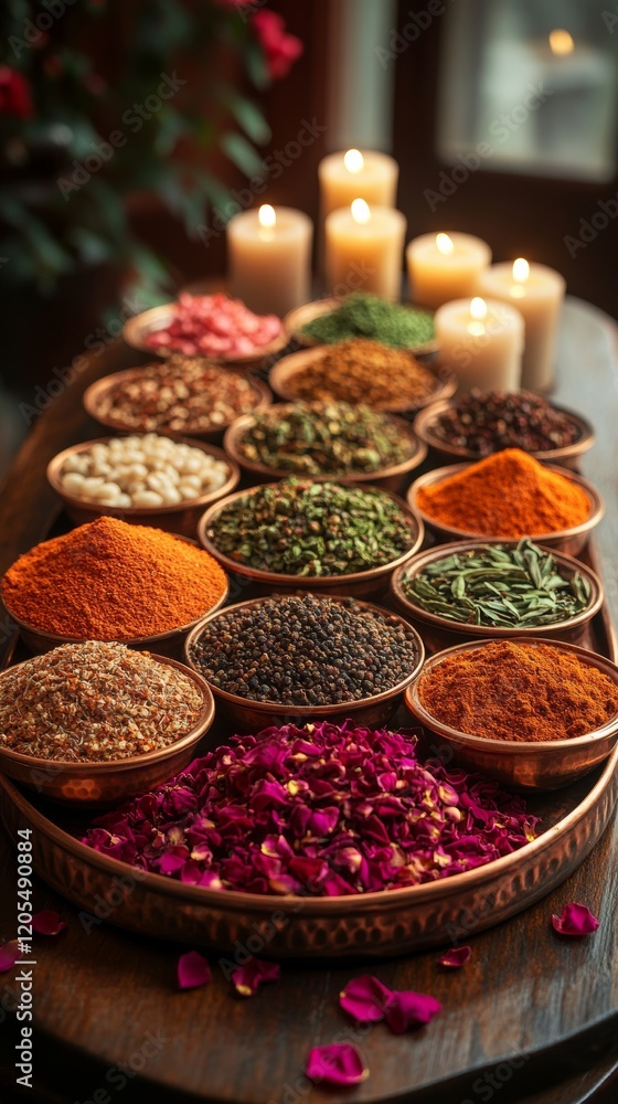 Brightly colored spices are arranged in copper bowls, surrounded by rose petals and flickering candles, creating a cozy and inviting atmosphere perfect for culinary inspiration. Brightly colored spices are arranged in copper bowls, surrounded by rose petals and flickering candles, creating a cozy and inviting atmosphere perfect for culinary inspiration.