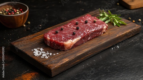 A slab of meat with pepper and salt on a wooden cutting board