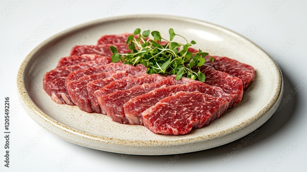 A plate of meat with green leaves on top A plate of meat with green leaves on top