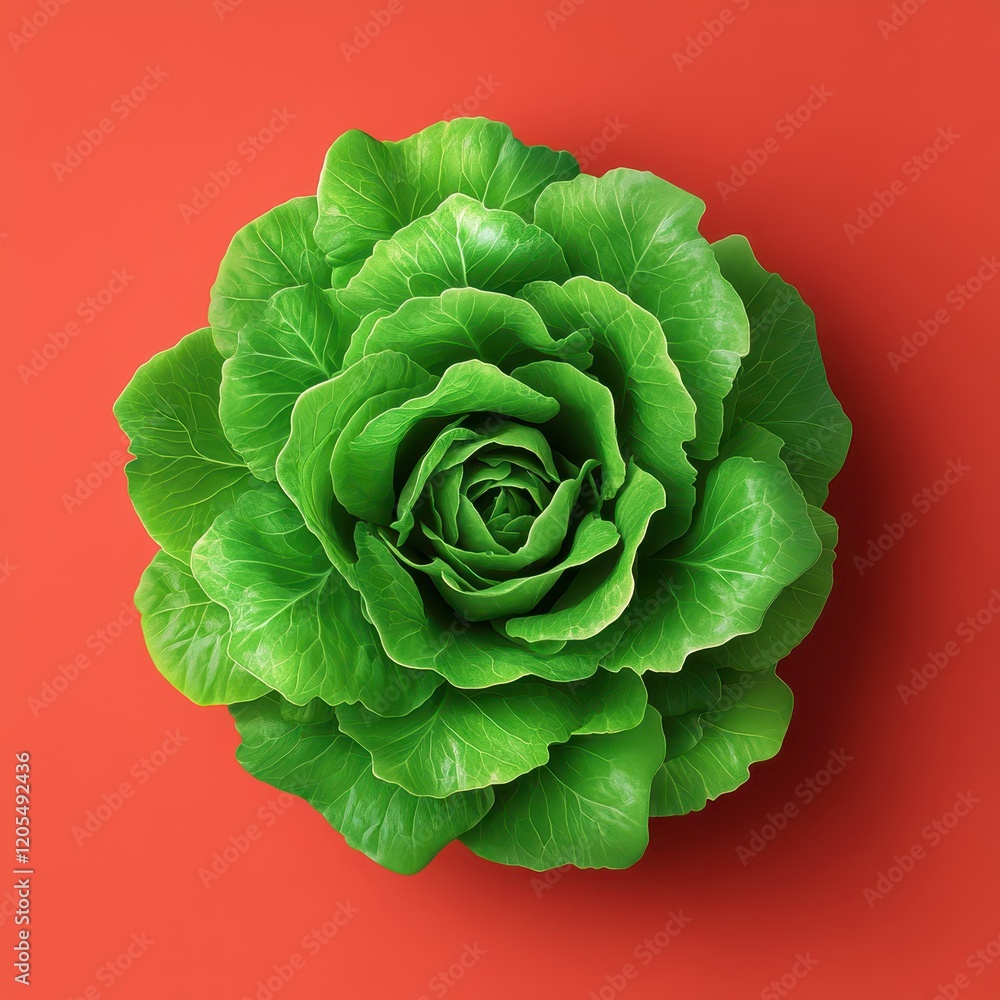 Fototapeta premium Fresh and vibrant lettuce displayed against a minimalistic light red background, showcasing its crisp leaves and natural texture in a simple yet elegant arrangement