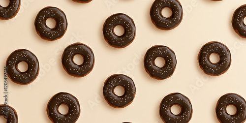 Chocolate donuts on a beige mocha mousse background. Design concept banner of romantic, sweet life,confectionery, Valentine's day, chocoholic style and weight loss and healthy eating