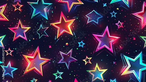 Colorful neon stars on a dark background.
