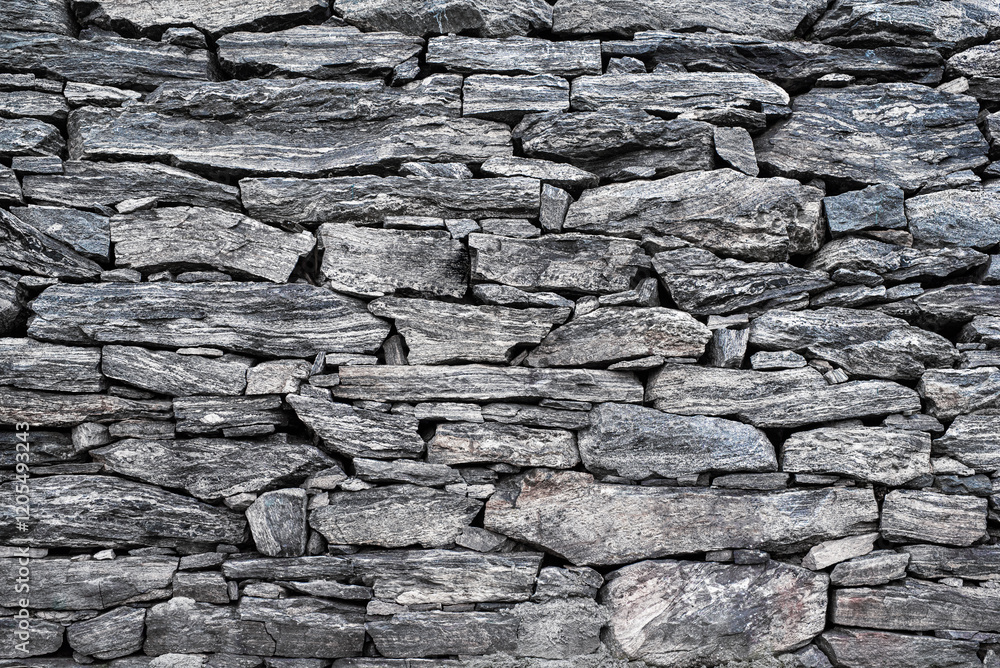 Stone Wall Texture: A rustic and rugged close-up shot of a dry-stone wall, showcasing the varied textures and tones of the natural grey stones. Stone Wall Texture: A rustic and rugged close-up shot of a dry-stone wall, showcasing the varied textures and tones of the natural grey stones.