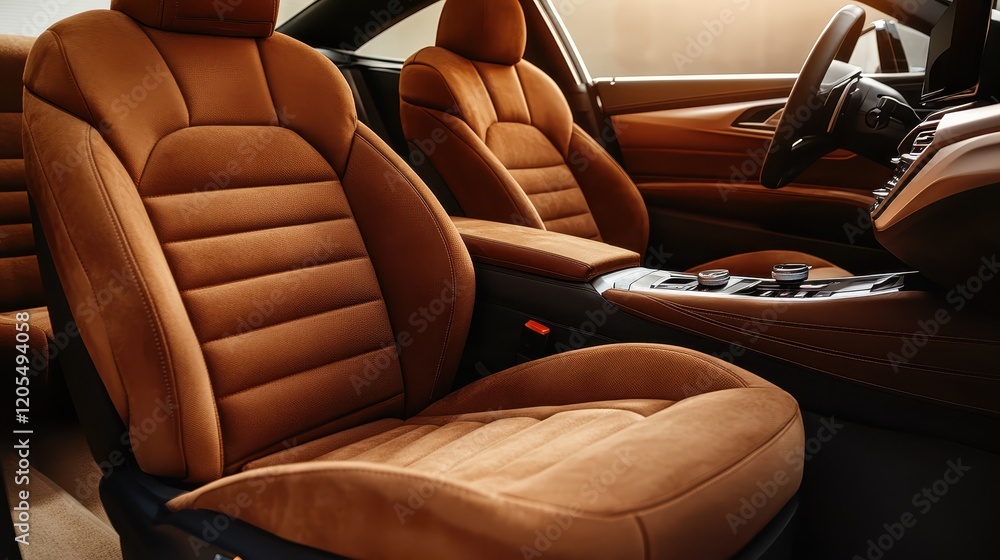 Obraz premium Brown car seats with a warm beige background highlight the interior of a luxury vehicle, showcasing comfort and style in a modern design