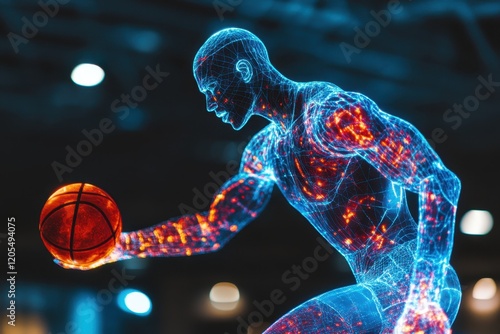 Dynamic basketball player in neon visualization holding ball in a modern arena photo