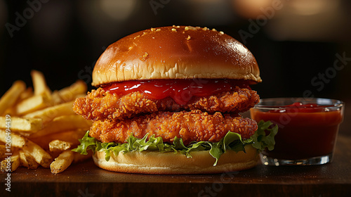 A delicious double crispy chicken burger on a sesame seed bun, served with golden french fries and a side of ketchup