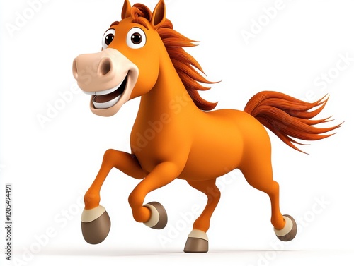A cheerful orange cartoon horse joyfully runs, showcasing a playful character with a big smile and lively mane.