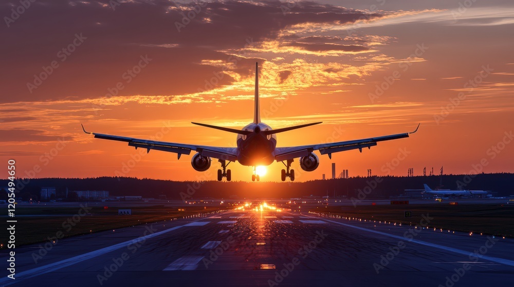 A plane is flying in the sky with the sun setting in the background A plane is flying in the sky with the sun setting in the background
