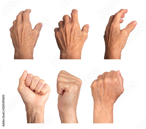 Obraz na plátně Elderly woman's hand outstretche, clenched fist transitioning to open fingers, dorsal view showing wrinkled skin, visible veins, and prominent knuckles
