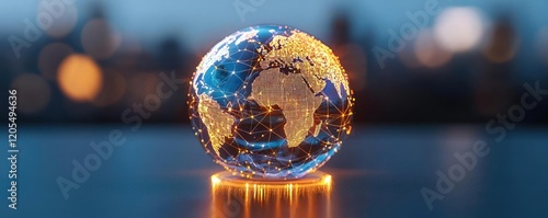 Globe glowing in layers of policy texts and financial indicators connecting continents, global financial market, investment balance