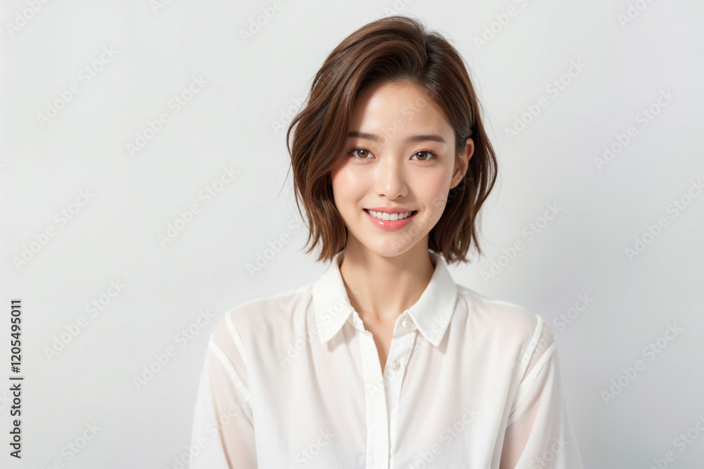 A woman with short hair and a white shirt is smiling