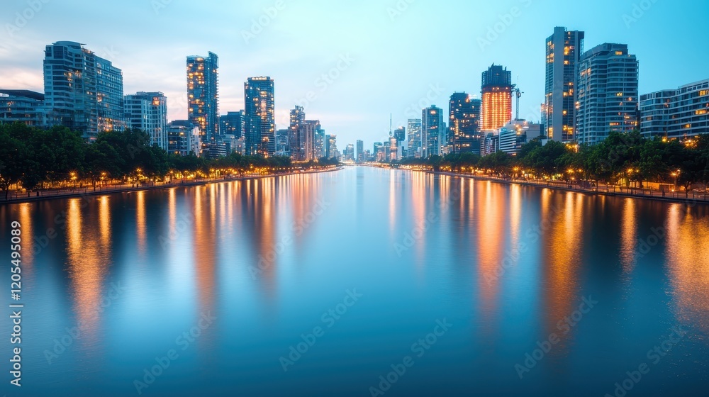 Naklejka premium A serene cityscape reflecting on water at dusk, showcasing illuminated skyscrapers and vibrant urban life.