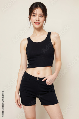 A woman is wearing black shorts and a black tank top
