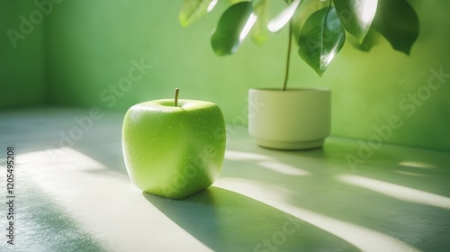 Imagine a surreal green apple shaped like a cube, casting a gentle shadow on a light green backdrop adorned with lush indoor plant foliage photo