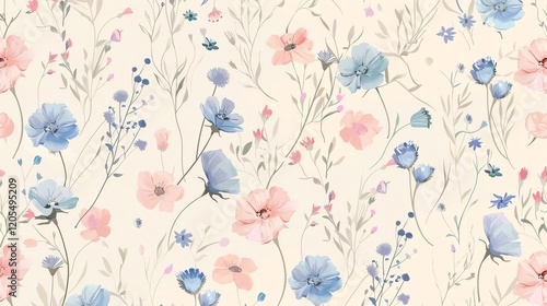 Seamless pattern of delicate pink and blue flowers on a cream background.