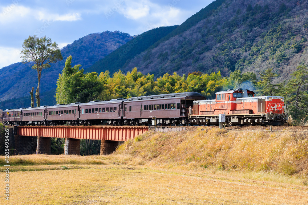 山口線を走る正月仕様のDD51 長門峡 山口県山口市 New Year spec DD51 running on the Yamaguchi Line. Nagato Gorge. Yamaguchi Pref, Yamaguchi City. 山口線を走る正月仕様のDD51 長門峡 山口県山口市 New Year spec DD51 running on the Yamaguchi Line. Nagato Gorge. Yamaguchi Pref, Yamaguchi City.