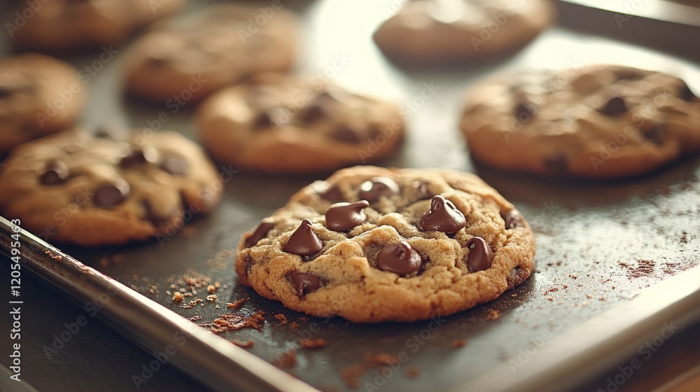 A close-up of freshly baked chocolate chip cookies on a baking tray, showcasing their golden-brown color and chocolate chunks A close-up of freshly baked chocolate chip cookies on a baking tray, showcasing their golden-brown color and chocolate chunks