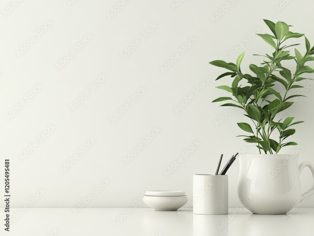 A minimalist workspace featuring a plant, writing utensils, and simple ceramic containers. A minimalist workspace featuring a plant, writing utensils, and simple ceramic containers.