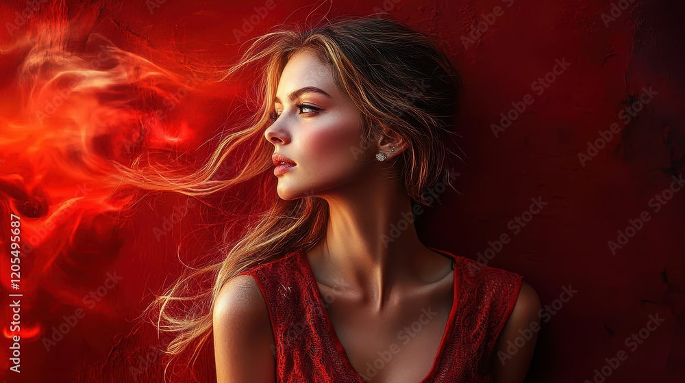 Woman with flowing hair poses gracefully against a dark red background, exuding confidence and mystery while surrounded by wisps of smoke, showcasing a captivating portrait Woman with flowing hair poses gracefully against a dark red background, exuding confidence and mystery while surrounded by wisps of smoke, showcasing a captivating portrait