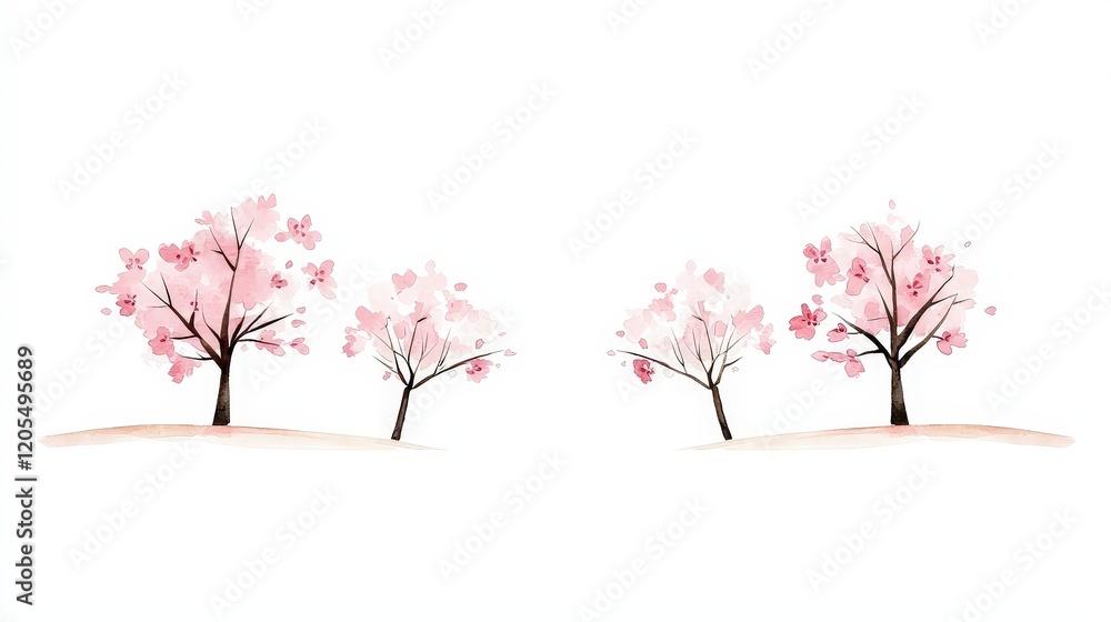 Delicate Pink Blossoms on Minimalist Landscape with Soft Watercolor Trees and Gentle Colors Delicate Pink Blossoms on Minimalist Landscape with Soft Watercolor Trees and Gentle Colors
