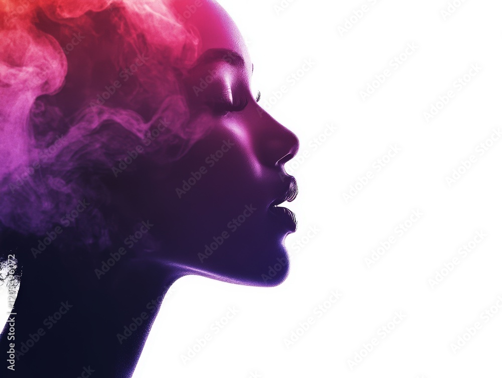 A stylized profile silhouette of a woman with colorful smoke effects. A stylized profile silhouette of a woman with colorful smoke effects.