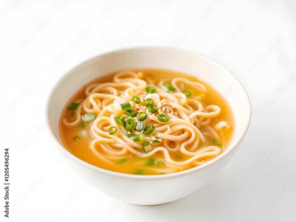 A steaming bowl of ramen noodles with vibrant garnish, symbolizing comfort food and delicious meals isolated on white background. Generative AI A steaming bowl of ramen noodles with vibrant garnish, symbolizing comfort food and delicious meals isolated on white background. Generative AI