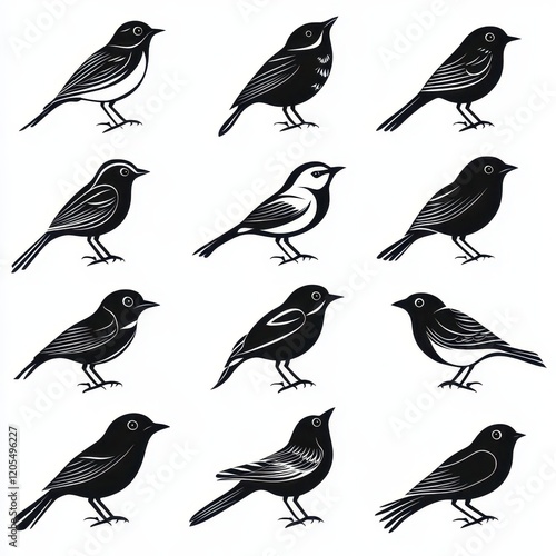 Stylized minimal black bird icons display a variety of avian shapes and forms, showcasing intricate details and elegant designs suitable for various artistic projects photo