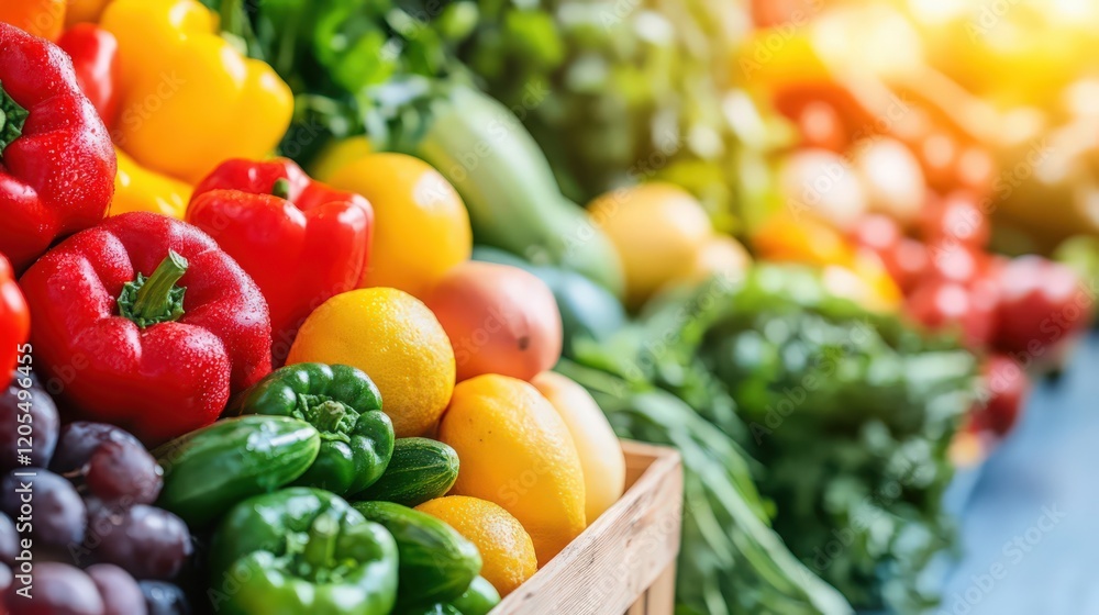 A variety of fruits and vegetables are displayed in a wooden crate A variety of fruits and vegetables are displayed in a wooden crate