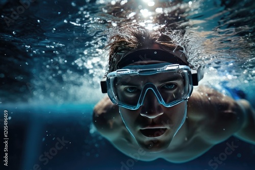 Man Face Underwater, Sportsman Swim Entering,Underwater Swimming Goggles,Close-up Face,Bubbles And Waves