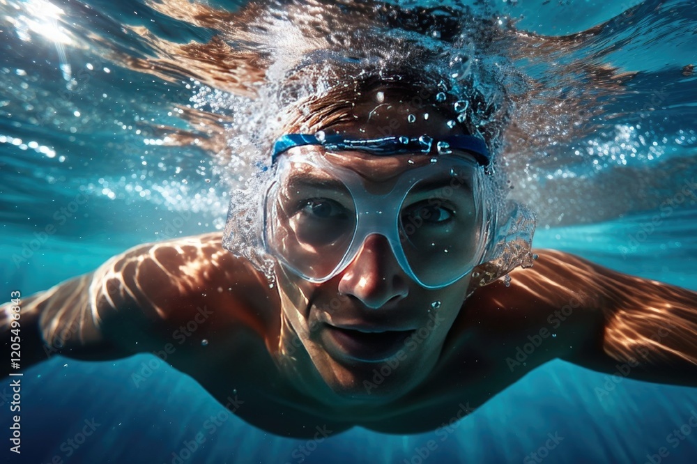 Naklejka premium Man Face Underwater, Sportsman Swim Entering,Underwater Swimming Goggles,Close-up Face,Bubbles And Waves