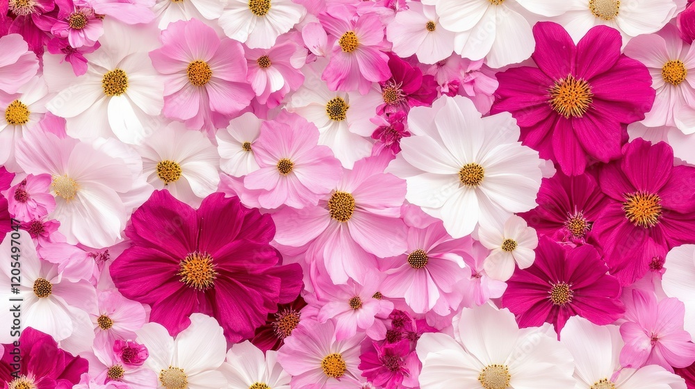 Cosmos Flower Delight, vibrant seamless pattern featuring pink, magenta, and white cosmos flowers, intricate design for textiles or wallpapers Cosmos Flower Delight, vibrant seamless pattern featuring pink, magenta, and white cosmos flowers, intricate design for textiles or wallpapers