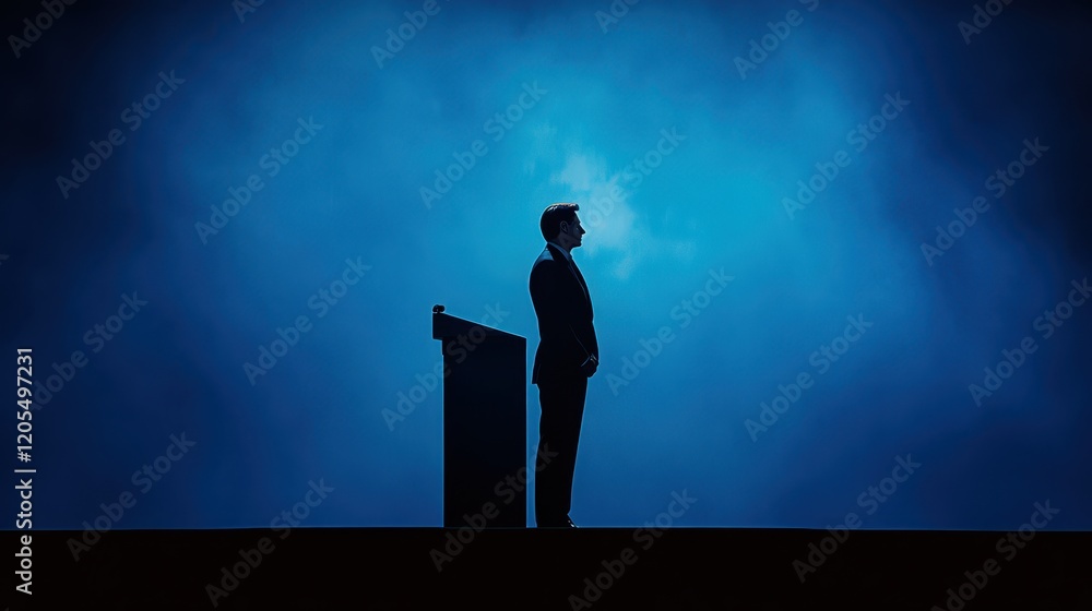 Man stands confidently on a podium silhouette against a vibrant blue background, embodying determination and purpose while preparing to address an audience during an evening event