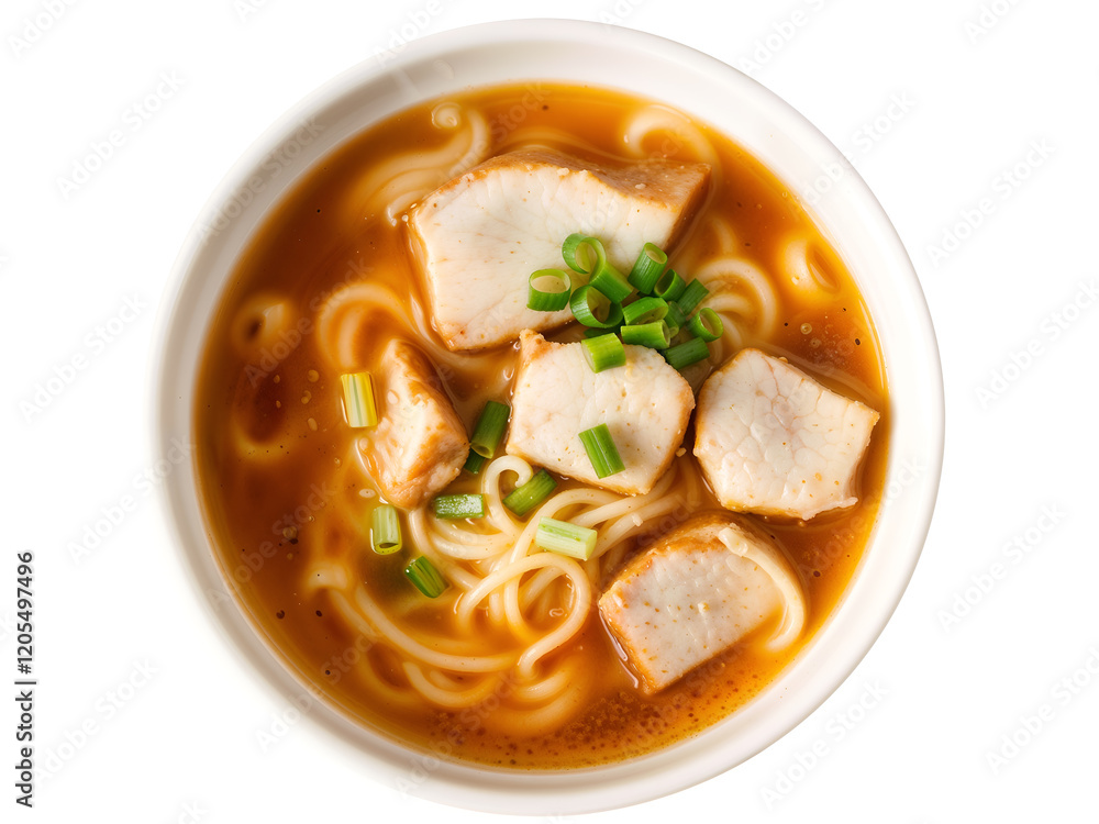 A steaming bowl of ramen noodles with vibrant garnish, symbolizing comfort food and delicious meals isolated on white background. Generative AI A steaming bowl of ramen noodles with vibrant garnish, symbolizing comfort food and delicious meals isolated on white background. Generative AI