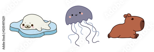 Kawaii Cute Seal, Jellyfish, and Capybara Illustration for Kids’ Designs