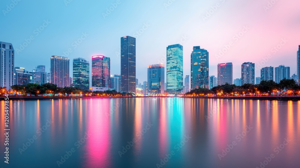 Obraz premium A vibrant skyline at dusk, reflecting colorful lights in the water, showcasing modern architecture and a serene atmosphere.